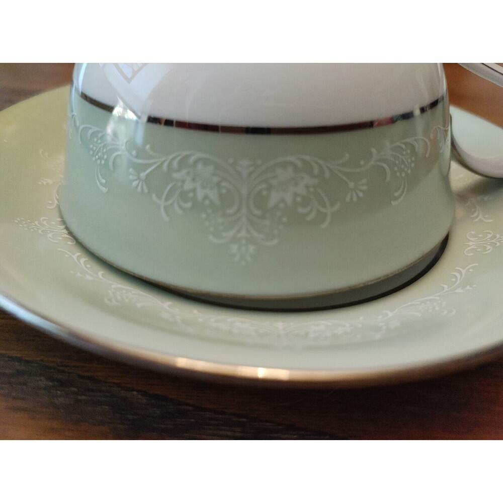 2 Noritake Maureen Cup And Saucer Sets 6728 Green Rim White Silver Trim Japan - Picture 5 of 8